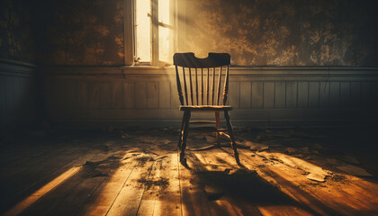 Empty old fashioned room with dark wood furniture and abandoned chair generated by AI
