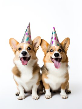 Cute Pembroke welsh corgi dog wearing birthday hat standing facing the camera