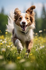 A Playful Pup Frolicking Through a Colorful Meadow of Blooming Petals