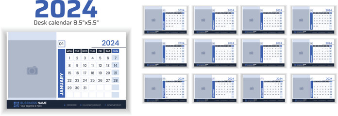 2024 Desk Calendar Planner Templates for a company or home. Image place holder added.  Simple full page calendar in vector format with Monday as the start of the week.