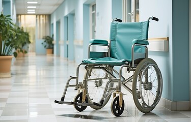 Fototapeta na wymiar In the hospital corridor, a lone wheelchair.