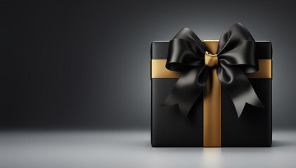 Black gift box - black and gold ribbon - isolated radial gradient from gray to black background - copy space to the left