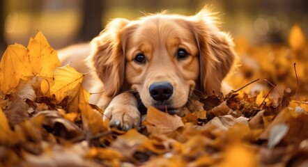 Golden retriever dog sitting on a pile of dry maple leaves, autumn theme concept
