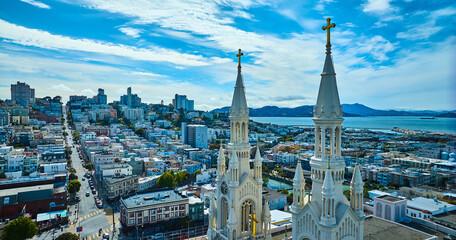 Saints Peter and Paul Church aerial view of San Francisco city with bay water view, CA