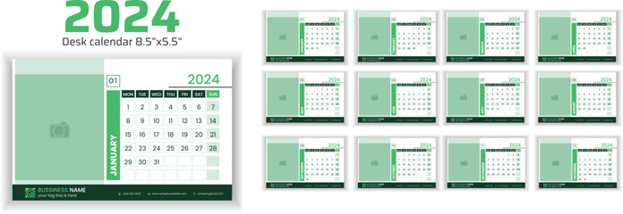 2024 Desk Calendar Planner Templates for a company or home. Image place holder added.  Simple full page calendar in vector format with Monday as the start of the week.