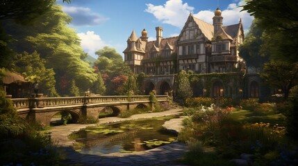 Enchanting Tudor Manor House with Stone Bridge and Lush Gardens