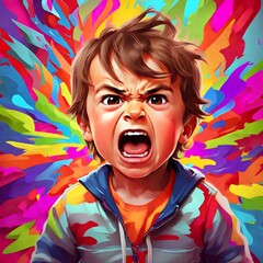 Angry boy screaming on colorful background. Pop art style illustration.