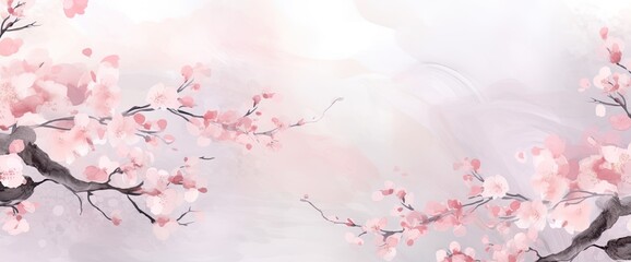 Cherry branches announcing the spring and beautiful season. Delicate, artistic watercolor blooming nature design background for card, banner. - obrazy, fototapety, plakaty