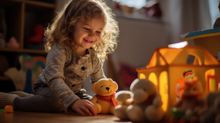 Cute child girl playing her teddy bears in cozy atmosphere of baby room