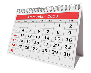 Page of the annual business desk monthly calendar isolated. Date - month December 2023. png transparent