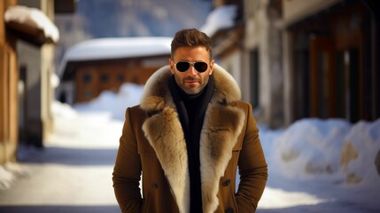 a man in a fur coat and sunglasses walking through the snow