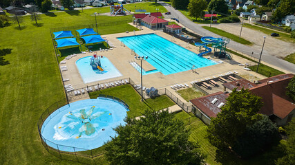 Tuhey Pool recreation with slide and splashpad aerial, Muncie Indiana summer