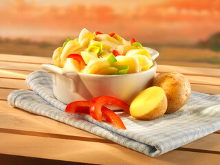 Pellkartoffelsalat, Pellkartoffelsalat in kleinem Porzellantopf, Kartoffeln, Pellkartoffel,