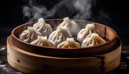 Steamed Chinese dumplings, a healthy gourmet meal in Chinatown generated by AI