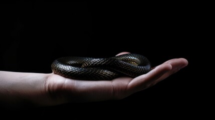 Fototapeta premium hand holding a black snake, isolated black background