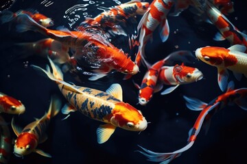 Group of Koi fish swim in a pond with clear water