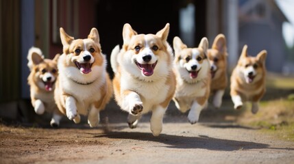 Group of Cute Pembroke welsh corgi dog running on a sunny day facing the camera