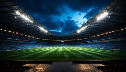 Bright spotlight illuminates large empty soccer field at night generated by AI