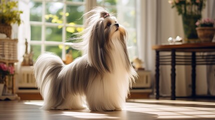 Cute Young Shih Tzu dog with long hair sitting on the room and looking at camera