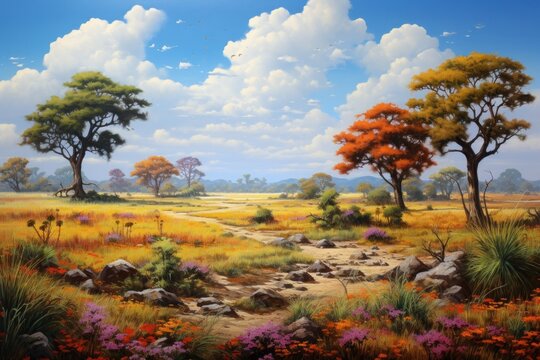 Vibrant African savanna landscape with acacia trees and wildflowers. Natural scenery.