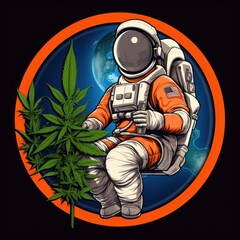 Astronaut growing cannabis in other planet. Astronaut Smoking a Weed. Sticker. Logotype.