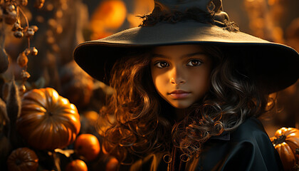 Cute girl smiling, Halloween celebration, pumpkin decoration, spooky night generated by AI