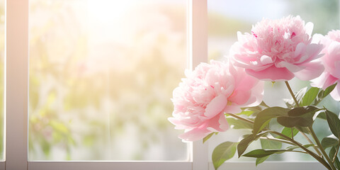 Pink flowers on a windowsill with sunlight through the window background 