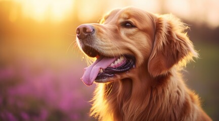 Golden retriever dog sitting on a pile of grass, spring theme concept