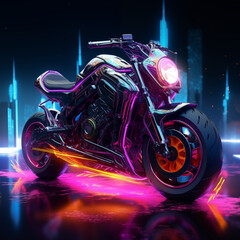 neon motorcycle, colorful illustration of a cyber bike
