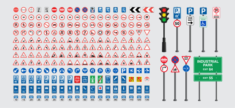 Naklejki Set of road signs and traffic light vectors. Traffic signs collection. Signs of danger, mandatory, obligations, animal crossing and alerts. Supplementary and routing table. Temporary traffic signs.