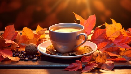 Naklejka na ściany i meble A Cozy Morning Brew: Aromatic Coffee on Saucer in Sunlight