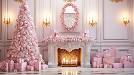 Fototapeta premium Christmas fantasy room with pink wall, white fireplace, pink christmas tree, candles.