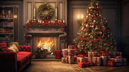 Fototapeta na wymiar Cozy living room with decorated Christmas tree and fireplace.