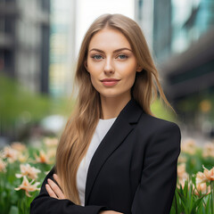 Close-up portrait of a confident young Ukrainian Eastern European businesswoman entrepreneur in a corporate city setting