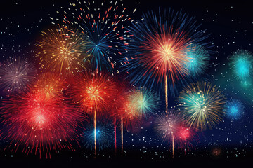 Naklejka premium Night of celebration with beautiful colorful fireworks, night sky of festivals time, Happy new year with vivid firework exploding background, abstract anniversary with pyrotechnics scene.