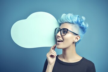 Woman with blue hair speech bubble on blue wall. Speak message positive showing. Generate Ai - obrazy, fototapety, plakaty
