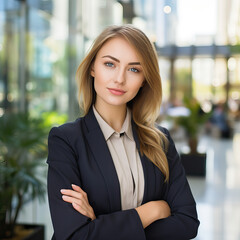 Close-up portrait of a confident young Eastern European businesswoman entrepreneur in a corporate city setting