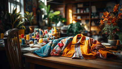 Obraz premium Fashionable men working in a wood workshop crafting clothing generated by AI