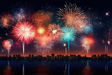 Night of celebration with beautiful colorful fireworks, night sky of festivals time, Happy new year with vivid firework exploding background, abstract anniversary with pyrotechnics scene.