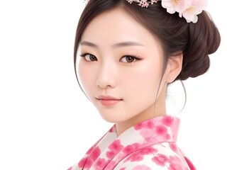 Fototapeta premium portrait of a Japanese woman with flowers in studio