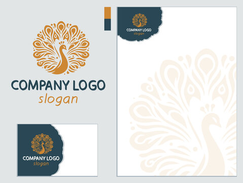 Illustration with a ready-made drawing of a vector logo with a peacock symbol on a business card and A4 letterhead template