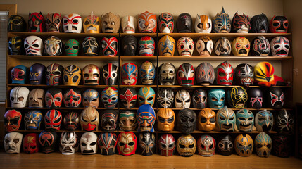 Collection of Mexican luchador masks. Professional wrestling.