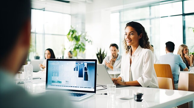 Image of a businesswoman giving a presentation at a conference in a friendly atmosphere in a modern office.