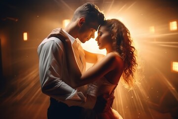 Beautiful romantic couple dancers woman and man dancing. New Year party. Nightclub. Love concept. - obrazy, fototapety, plakaty