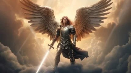 Foto op Canvas Archangel Michael with wings in knight armor with sword rises in sky. Saint Michael Archangel with long hair protects calm and good from evil impure forces by standing in battle readiness in sky © Stavros