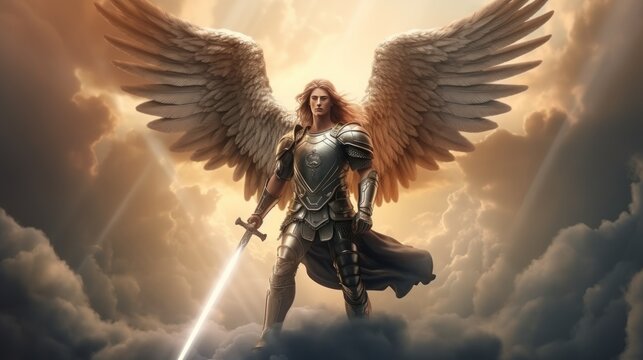 Archangel Michael with wings in knight armor with sword rises in sky. Saint Michael Archangel with long hair protects calm and good from evil impure forces by standing in battle readiness in sky