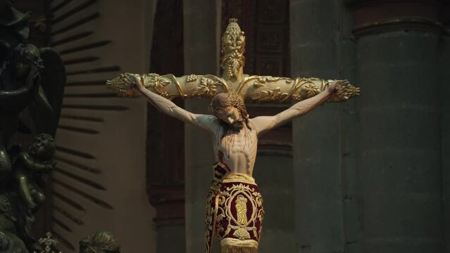 Statue of Jesus Christ on a Cross in a Church Cathedral