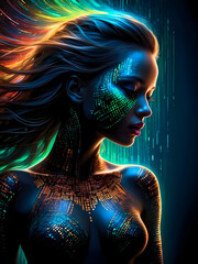 3D rendering of a beautiful woman cybernetically enhanced on green, orange neon lights background. Futuristic technologically, sci-fi and fantasy concept