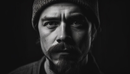 Confident masculinity sulking in black and white elegance portrait generated by AI