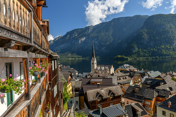Hallstatt old town and Hallstatter See lake in Upper Austria